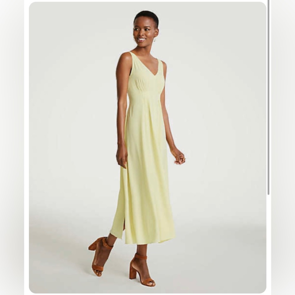 Ann Taylor Yellow Pomelo Pleated V-neck V-back Full Skirt Chiffon Maxi Dress 0P
